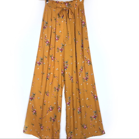re:named Pants - re:named Mustard Floral Paper Bag Wide Leg Pants
